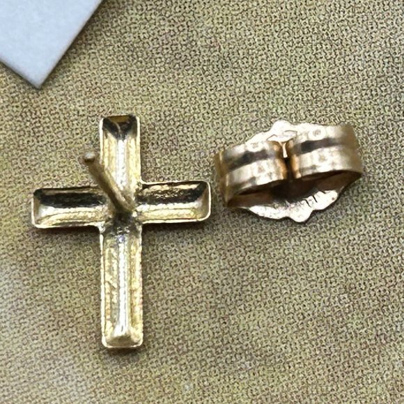 Vintage 14K Yellow Tiny Cross Pierced Stud Earrings - Picture 5 of 7
